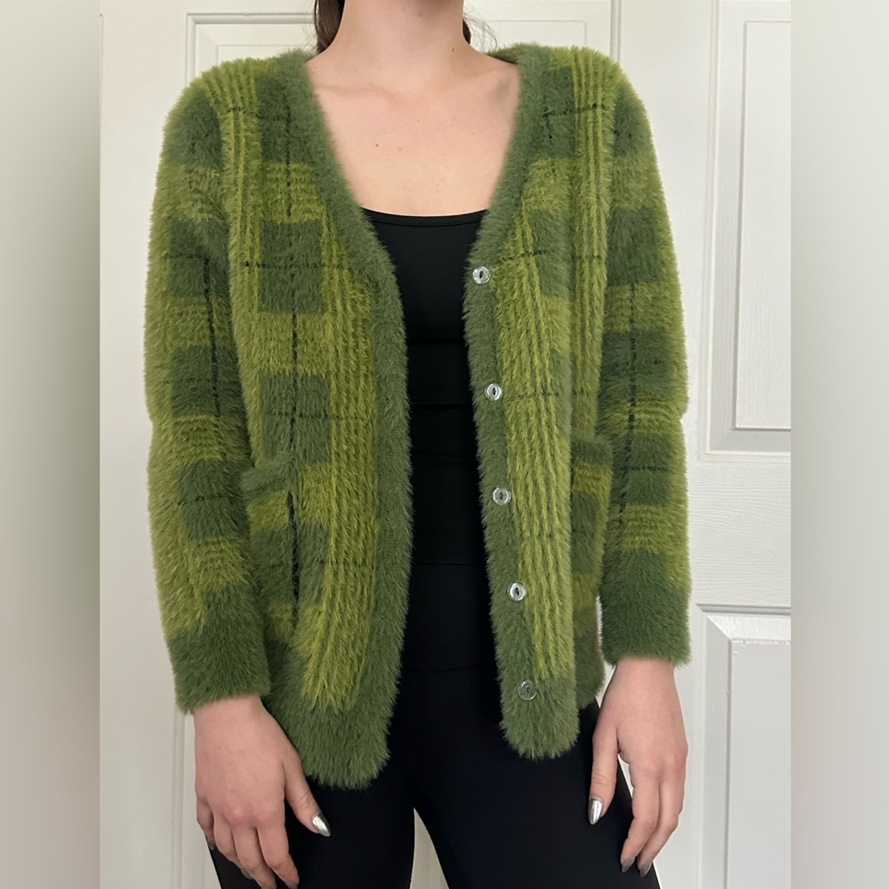 Green Checkered/Plaid Fuzzy Cardigan